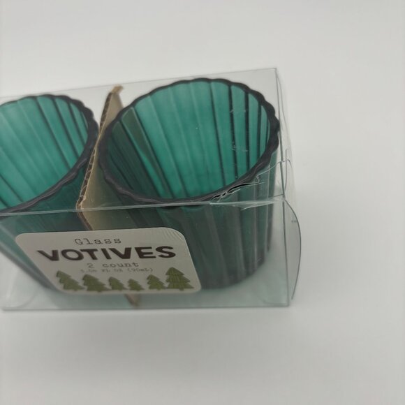 Bright Star 2 Green Ridged Glass Votives Christmas Tea Light Candles Holder NEW - Picture 2 of 4